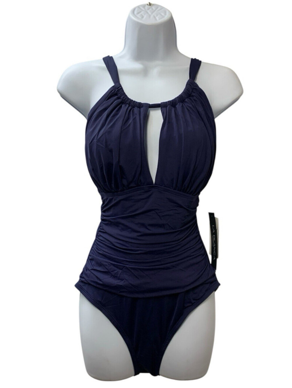 La Blanca Women One Piece Swimsuit High Neck Keyhole Island Goddess Size 10 Navy